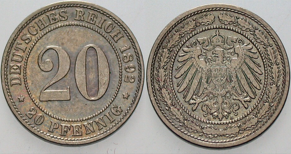 20 Pfennig 1892 J. 14 Patina, sehr schön +