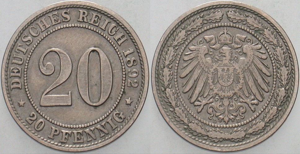 20 Pfennig 1892 J. 14 Sehr schön