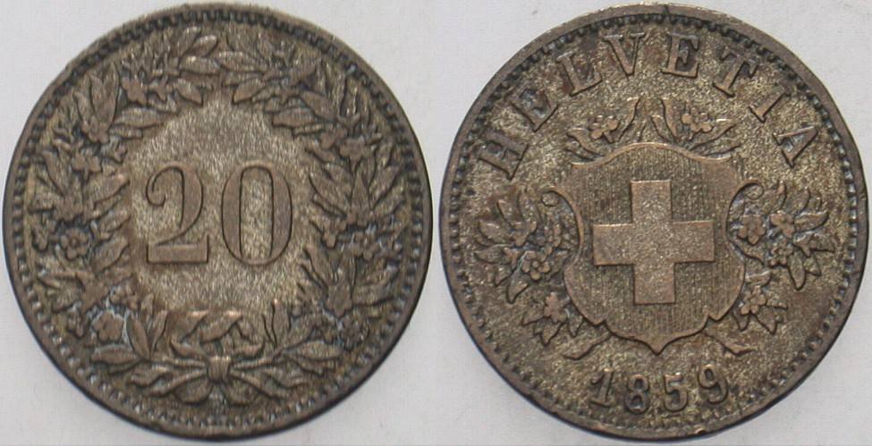 20 Rappen 1859 Divo/Tobler 310 Kl. Rdf., sehr schön