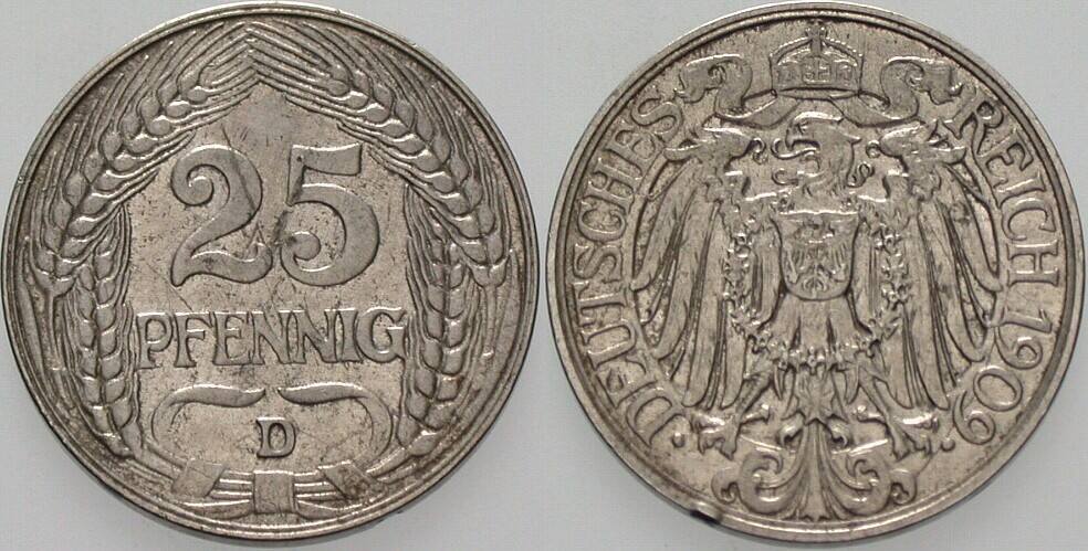 25 Pfennig 1909 J. 18 Patina, winz. Randfehler, vorzüglich