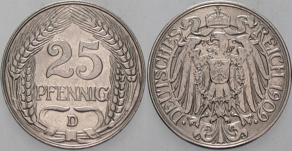 25 Pfennig 1909 J. 18 Vorzüglich