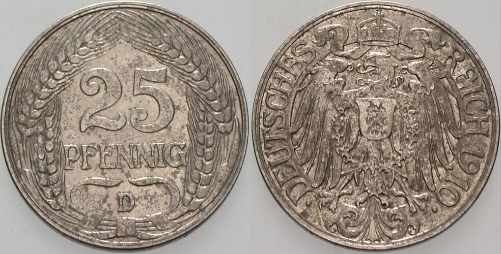 25 Pfennig 1910 J. 18 Patina, sehr schön