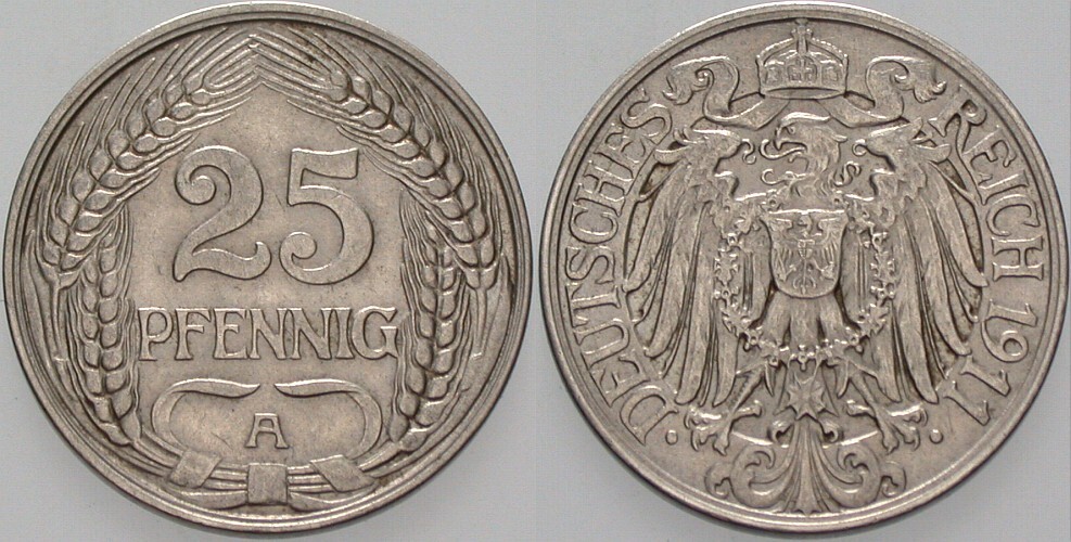 25 Pfennig 1911 J. 18 Vorzüglich