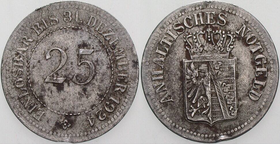 25 Pfennig ohne Jahr Herzogtum Anhalt J. N.1 Randfehler, fast sehr schön