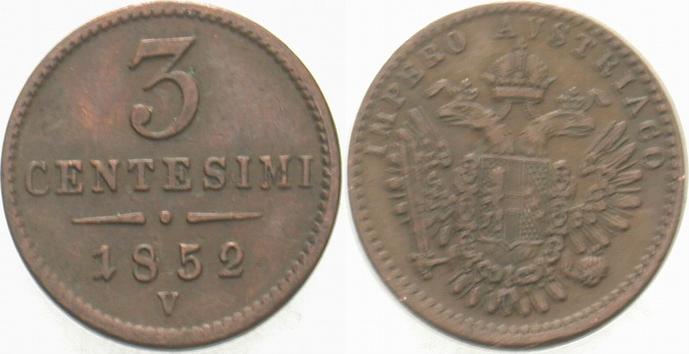 3 Centesimi 1852 Jaeckel 302 Sehr schön - vorzüglich