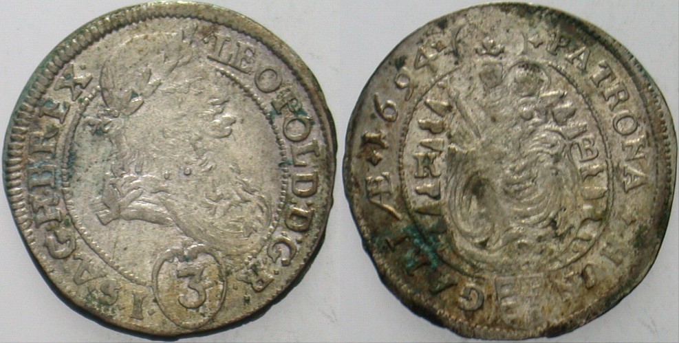 3 Kreuzer 1694 Herinek 1606 Belag, sehr schön - vorzüglich