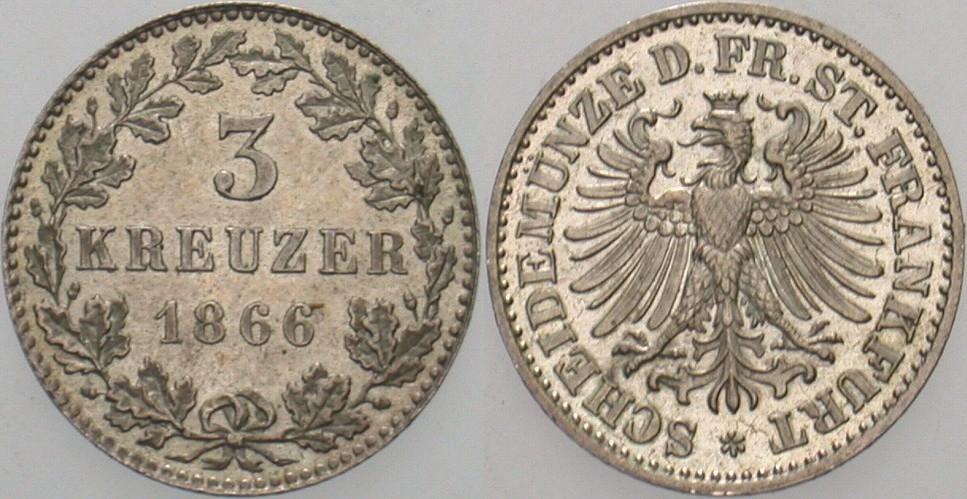 3 Kreuzer 1866 Jaeger 35 AKS 24 Patina, fast Stempelglanz