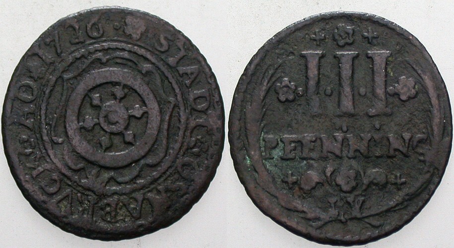 3 Kupferpfennig 1726 Kennepohl 481 Fast sehr schön