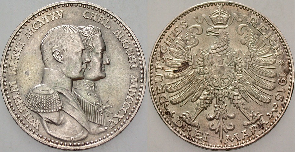 3 Mark 1915 J. 163 Patina, vorzüglich