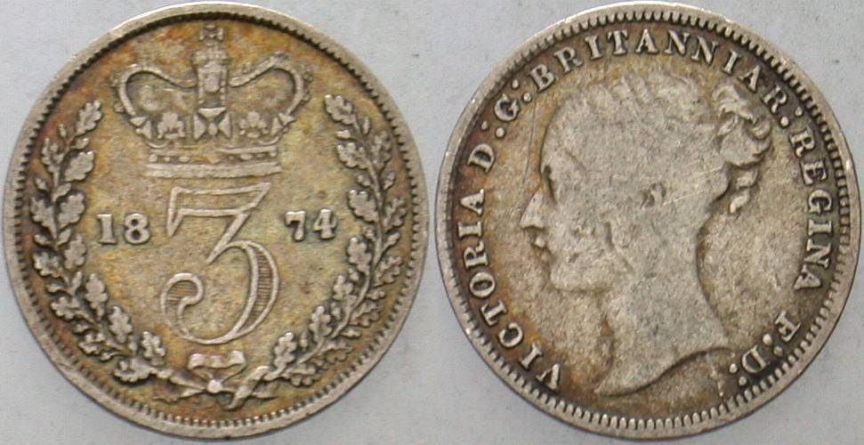 3 Pence 1874 Krause/Mishler 730 Fast sehr schön