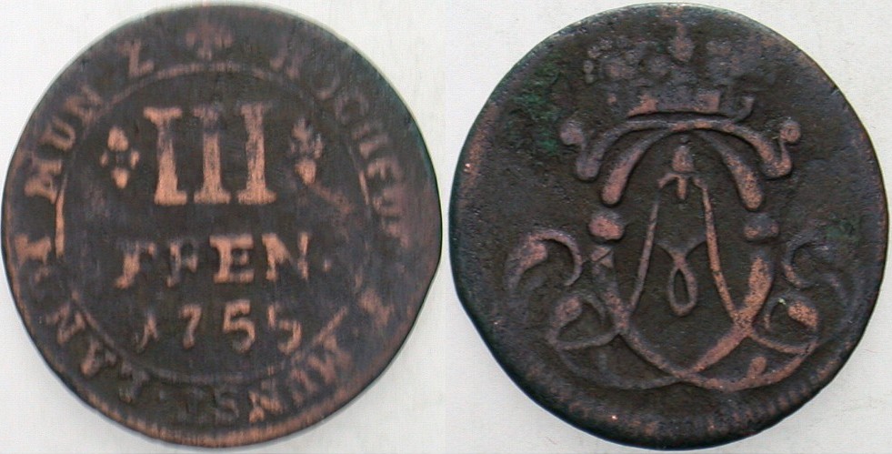 3 Pfennig 1755 Schulze 250 Fast sehr schön