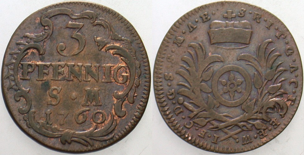 3 Pfennig 1760 Slg. Walther 566 Patina, sehr schön - vorzüglich