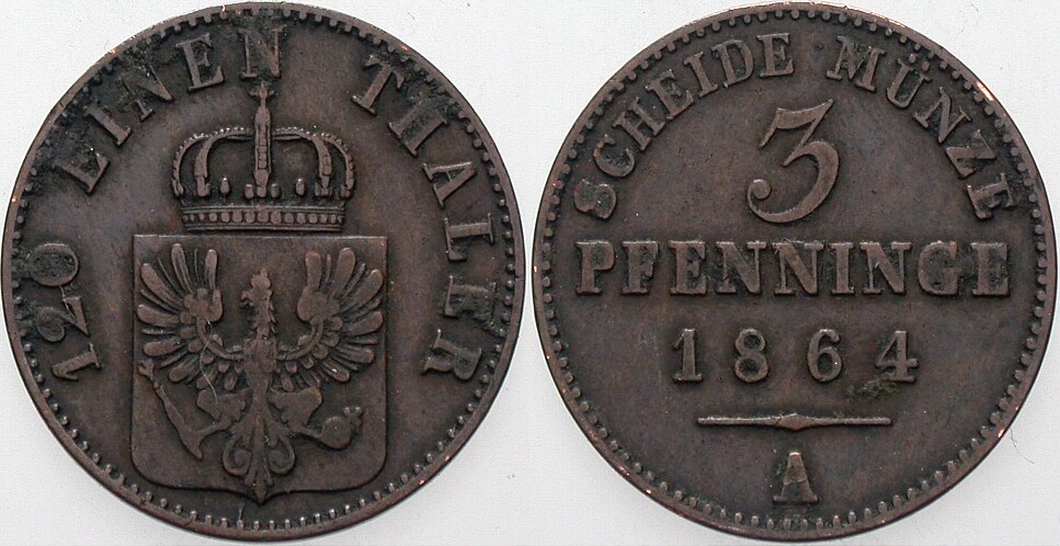 3 Pfennig 1864 AKS 106 Sehr schön