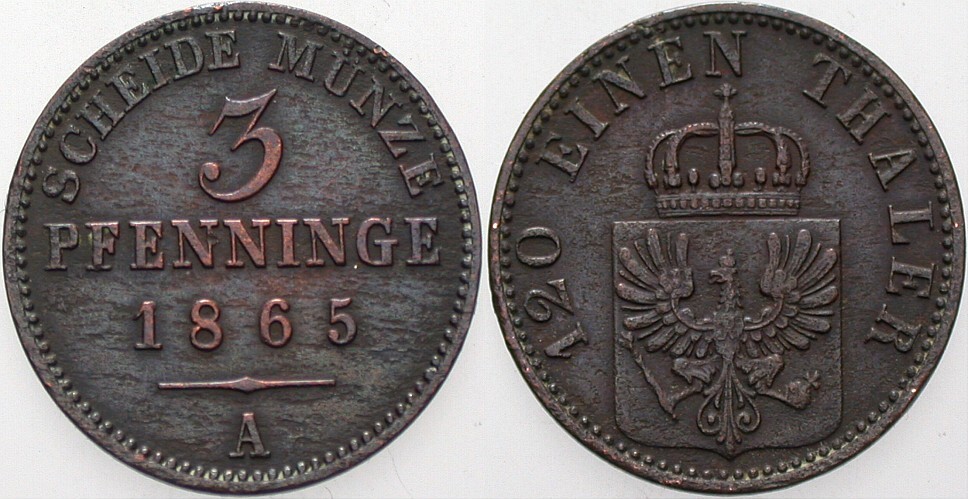 3 Pfennig 1865 AKS 106 Sehr schön