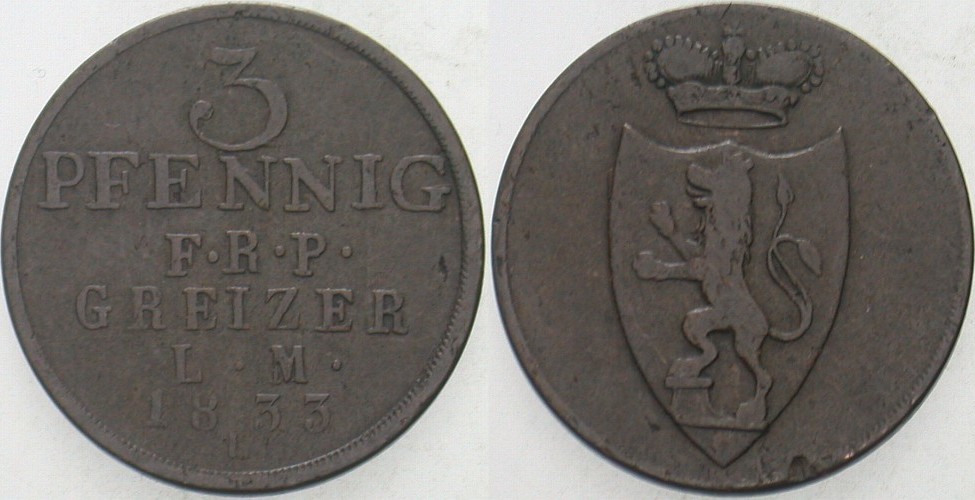3 Pfennige 1833 Jaeger 42 AKS 10 Schön - sehr schön