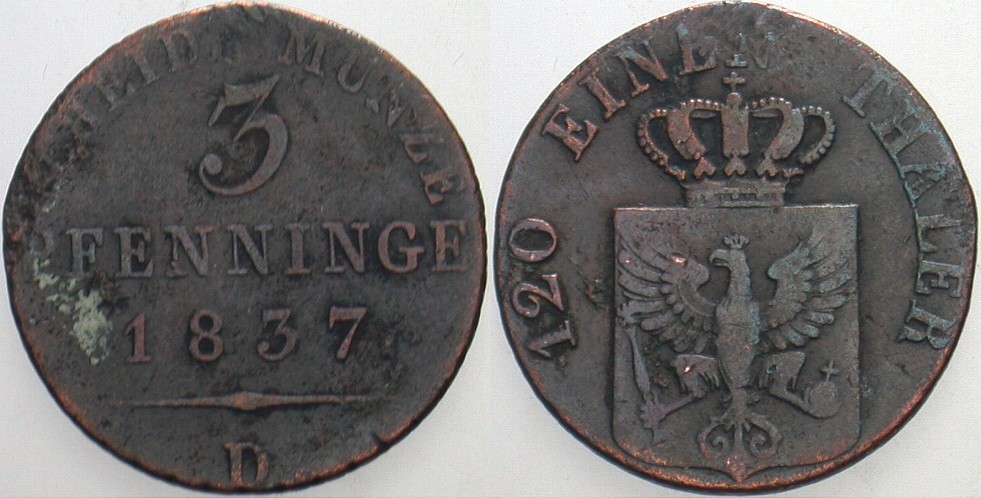 3 Pfennige 1837 Jaeger 44 Olding 203 AKS 33 Schön