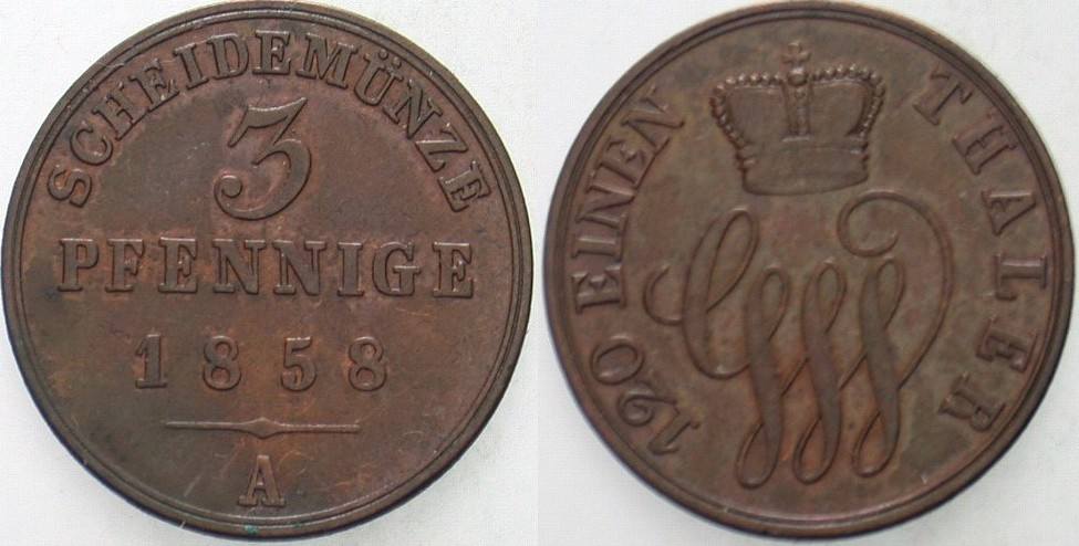 3 Pfennige 1858 Jaeger 10 AKS 14 Patina, sehr schön - vorzüglich