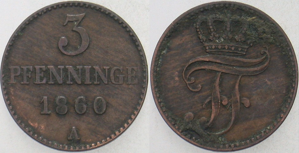 3 Pfennige 1860 Jaeger 56 AKS 48 Patina, sehr schön +