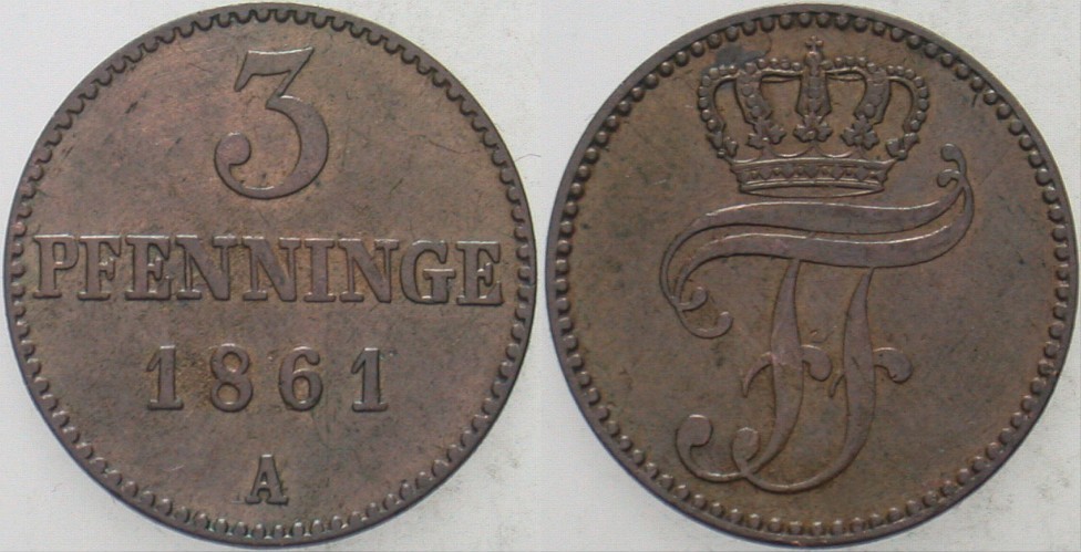 3 Pfennige 1861 Jaeger 56 AKS 48 Patina, vorzüglich