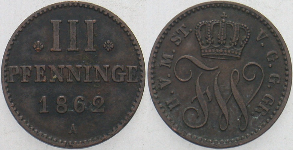 3 Pfennige 1862 Jaeger 118 AKS 74 Sehr schön