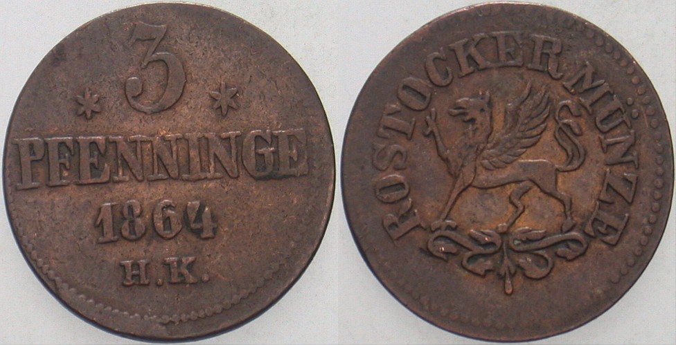 3 Pfennige 1864 Jaeger 96 AKS 90 Sehr schön