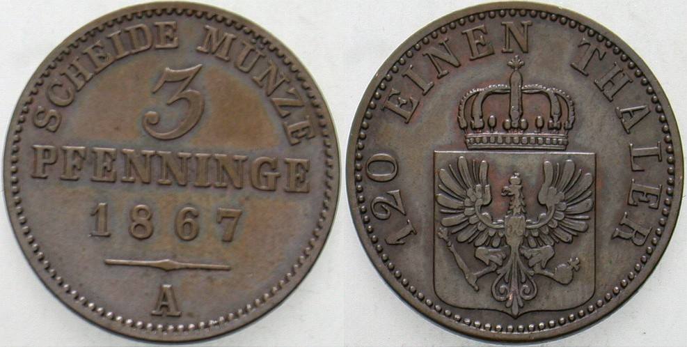 3 Pfennige 1867 Jaeger 52 Olding 424 AKS 106 Patina, vorzüglich