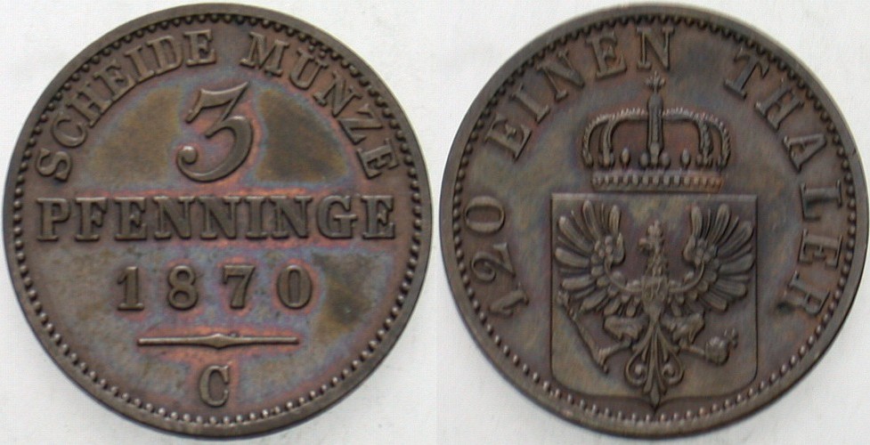 3 Pfennige 1870 Jaeger 52 Olding 431 AKS 106 Patina, vorzüglich