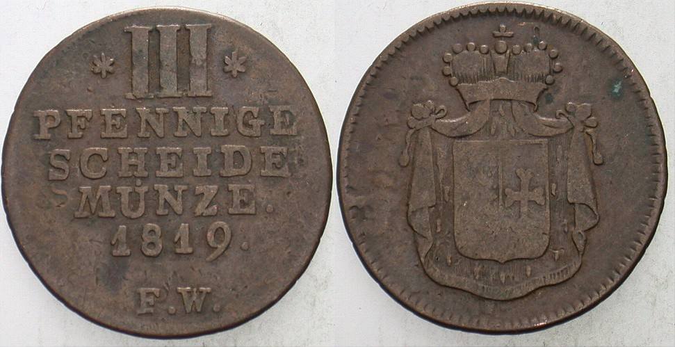 3 Pfennige (Scheidemünze) 1819 Jaeger 18 AKS 34 Fast sehr schön