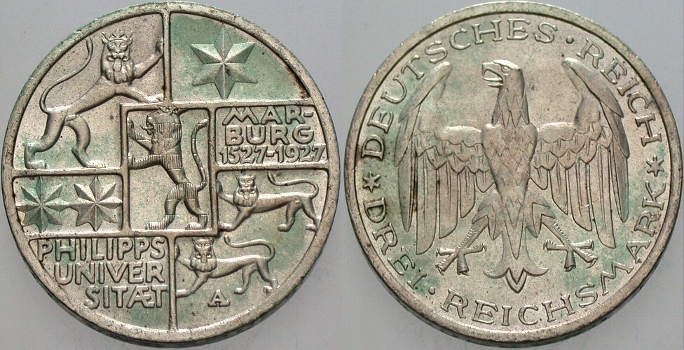 3 Reichsmark 1927 J. 330 Patina, vorzüglich +