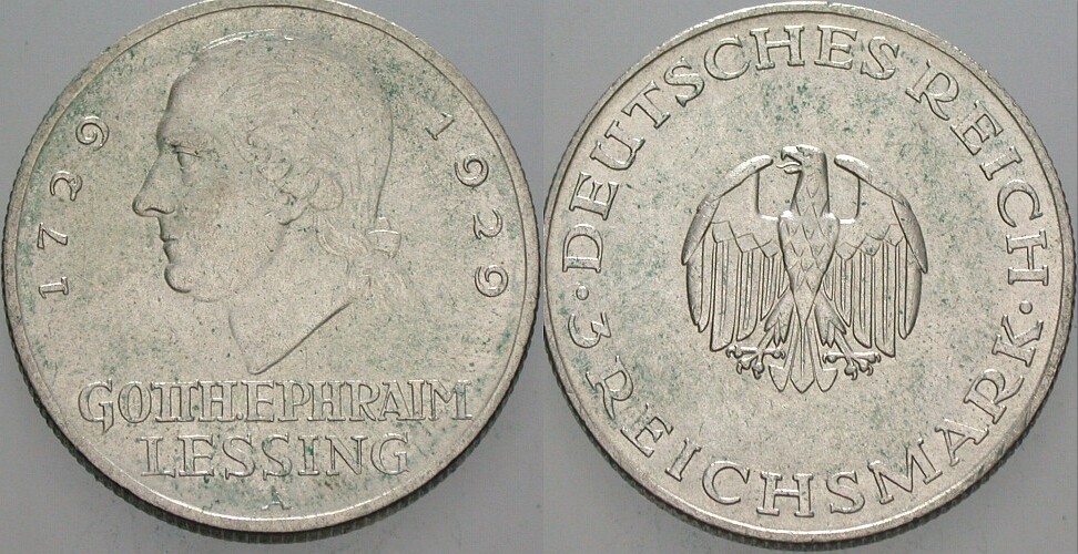 3 Reichsmark 1929 J. 335 Patina, vorzüglich