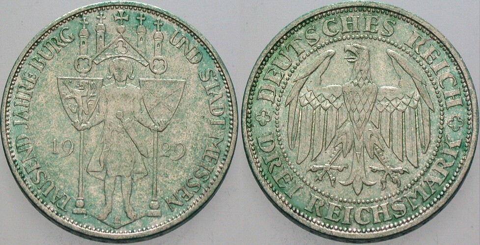 3 Reichsmark 1929 J. 338 Patina, vorzüglich
