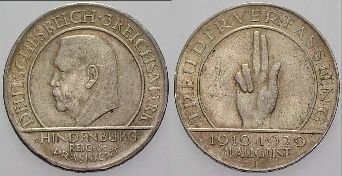 3 Reichsmark 1929 J. 340 Patina, sehr schön - vorzüglich