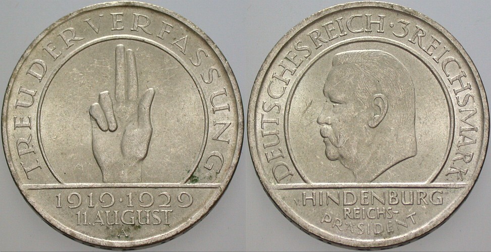 3 Reichsmark 1929 J. 340 Patina, vorzüglich - Stempelglanz
