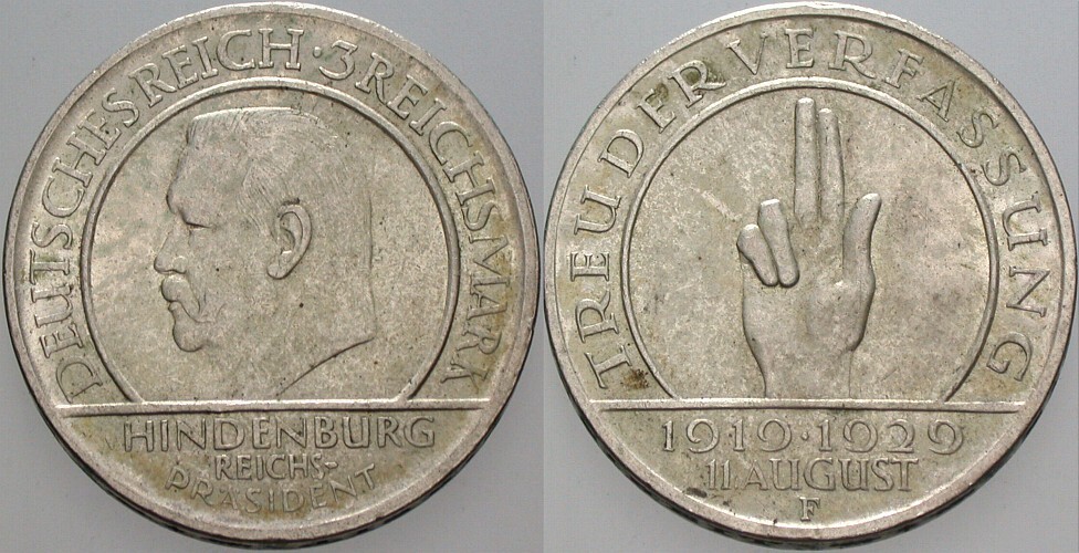3 Reichsmark 1929 J. 340 Patina, vorzüglich
