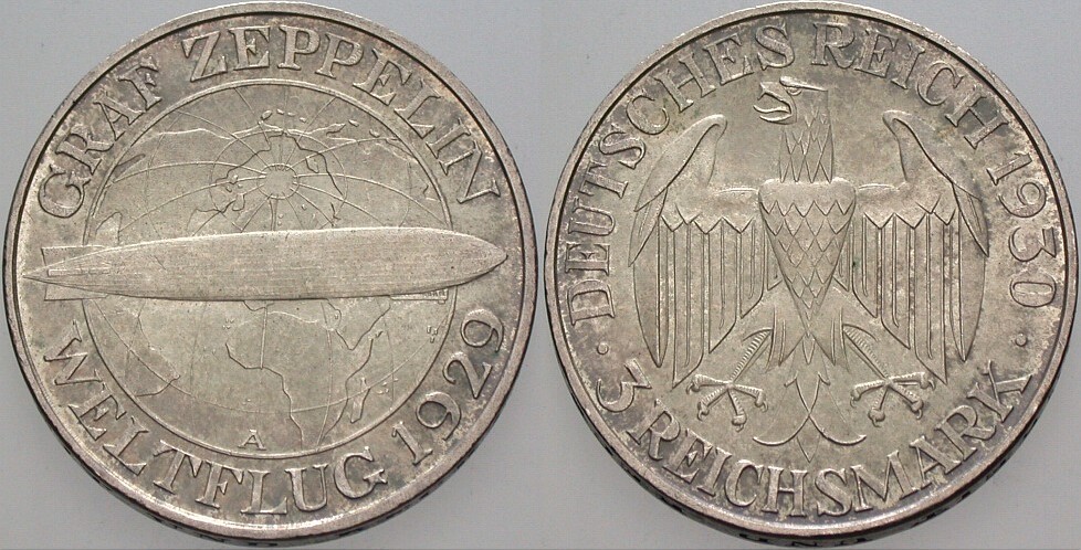 3 Reichsmark 1930 J. 342 Patina, vorzüglich +