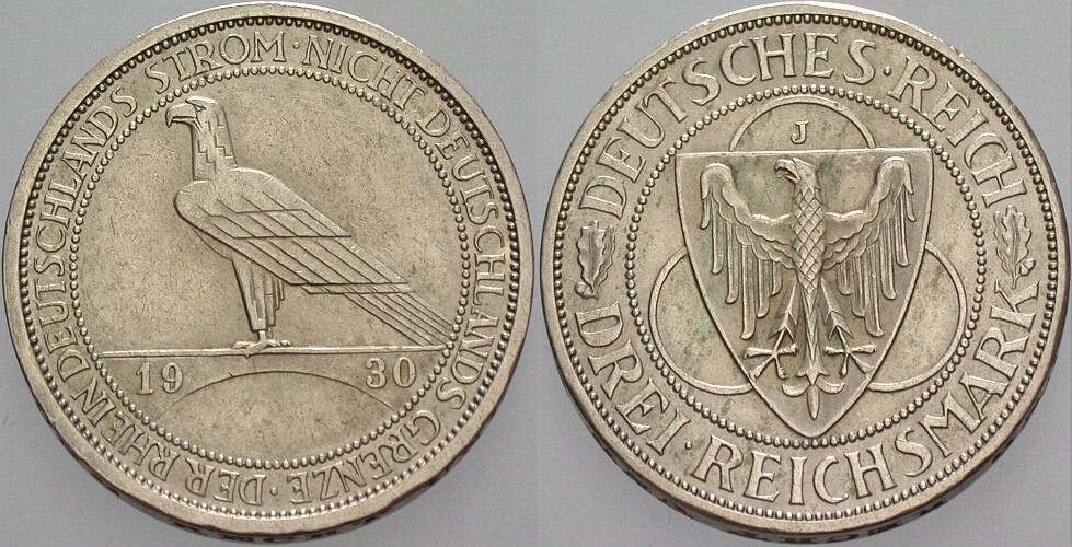 3 Reichsmark 1930 J. 345 Patina, vorzüglich
