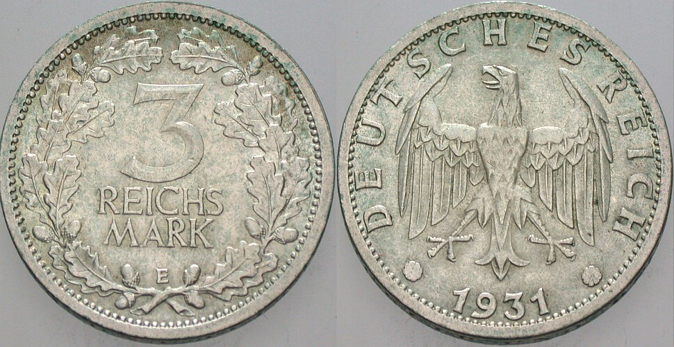3 REICHSMARK 1931 J. 349 Patina, vorzüglich