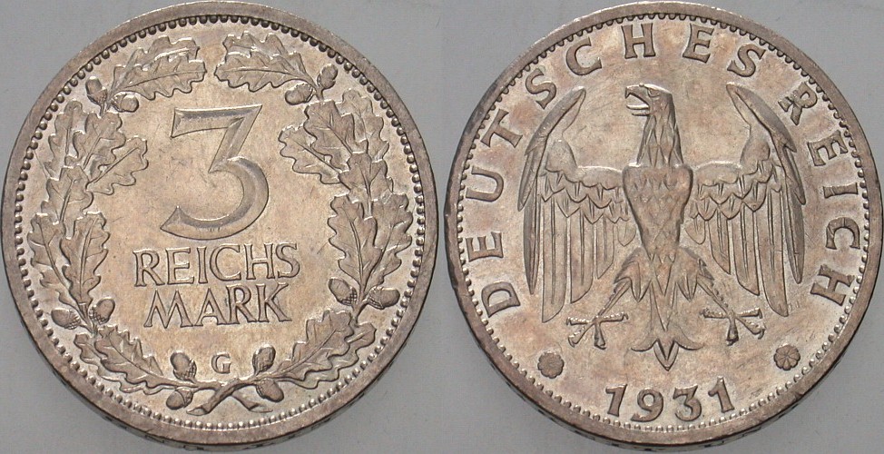 3 REICHSMARK 1931 J. 349 Vorzüglich +