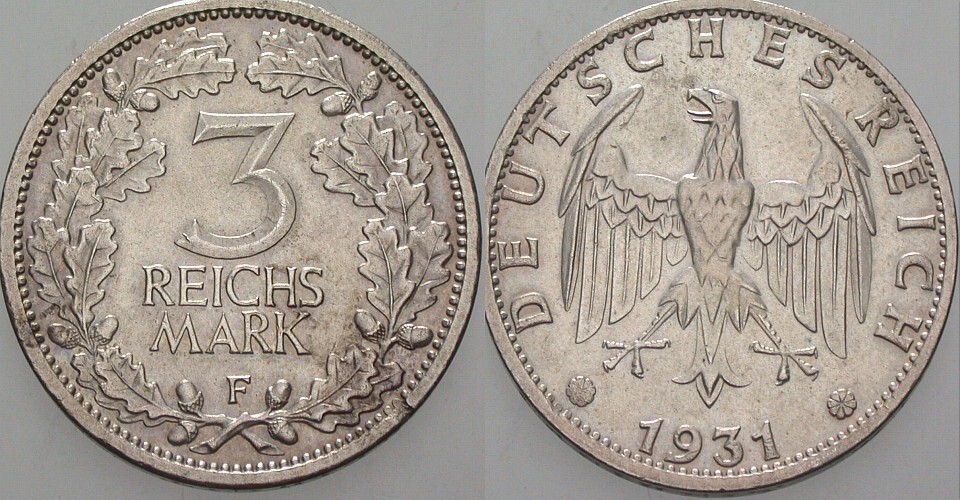 3 REICHSMARK 1931 J. 349 Wz. Schrötlingsfehler am Rd., fast vorzüglich