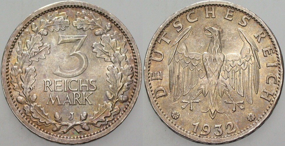 3 REICHSMARK 1932 J. 349 Vorzüglich - Stempelglanz