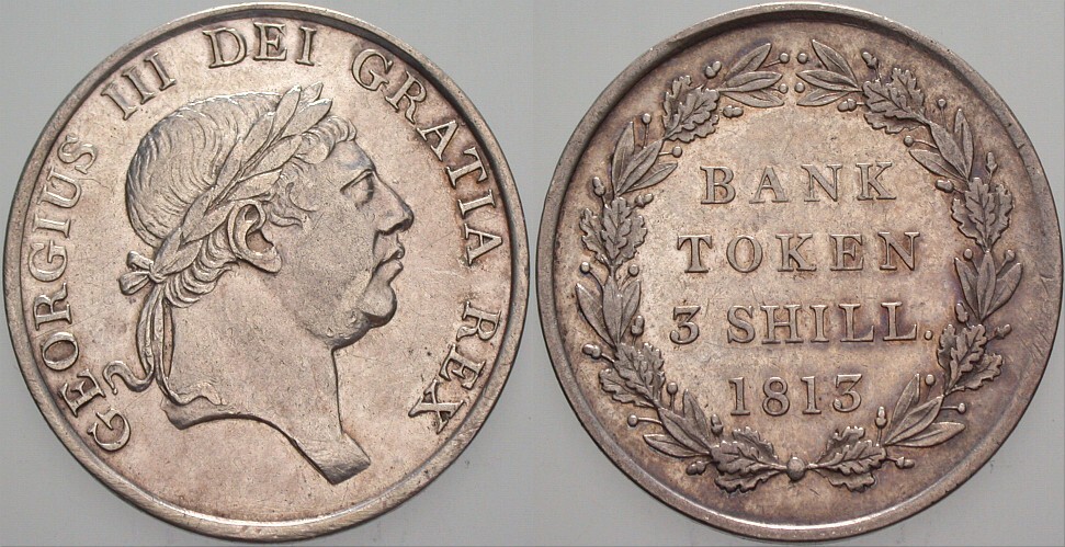 3 Shillings Bank Token 1813 Krause/Mishler Tn5 Wz. Kr., vorzüglich