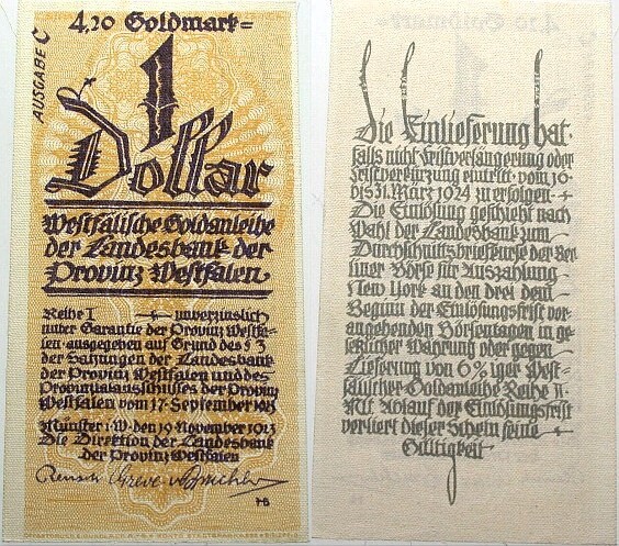 4,20 Goldmark=1 Dollar 19.11.1923 Grabowski P300 Kassenfrisch