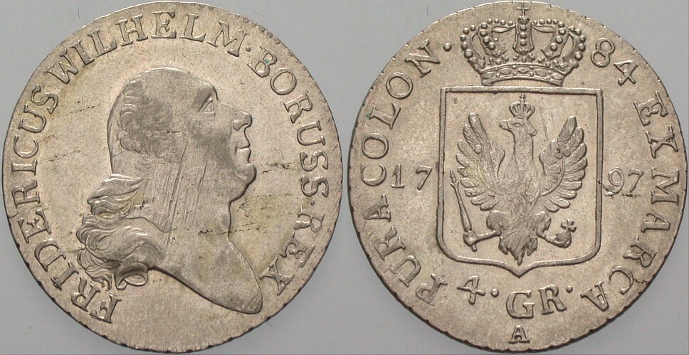 4 Groschen 1797 Jaeger 21 Patina, min. Justiert, fast Stempelglanz