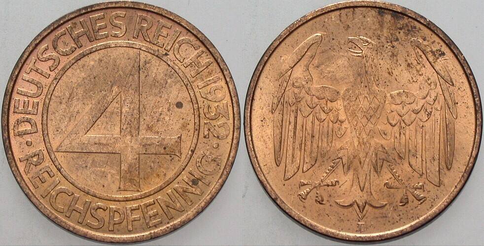 4 Reichspfennig 1932 J. 315 Etwas fleckig, vorzüglich - Stempelglanz
