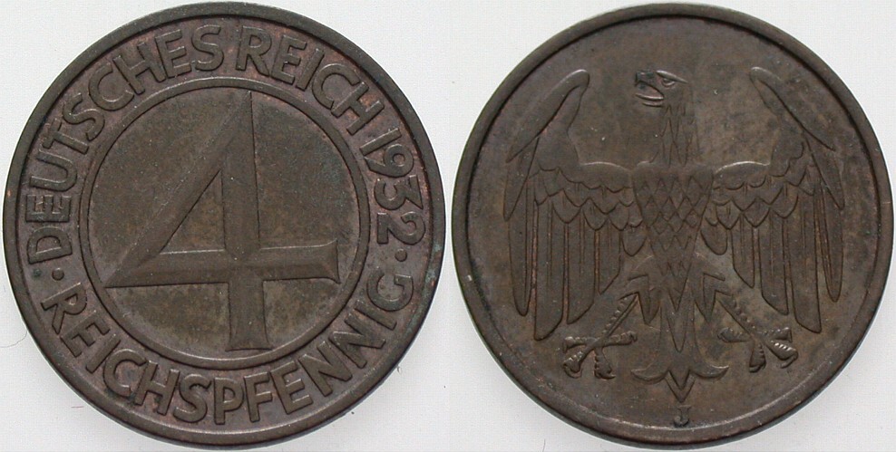 4 Reichspfennig 1932 J. 315 Fleckige Patina, vorzüglich