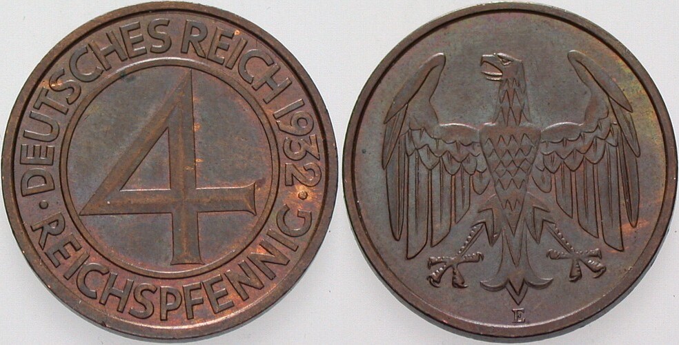 4 Reichspfennig 1932 J. 315 Patina, vorzüglich