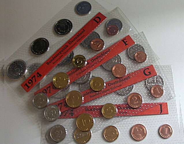 4 x 1 Pfennig - 5 Deutsche Mark, 10,68 DM 1974 Stempelglanz