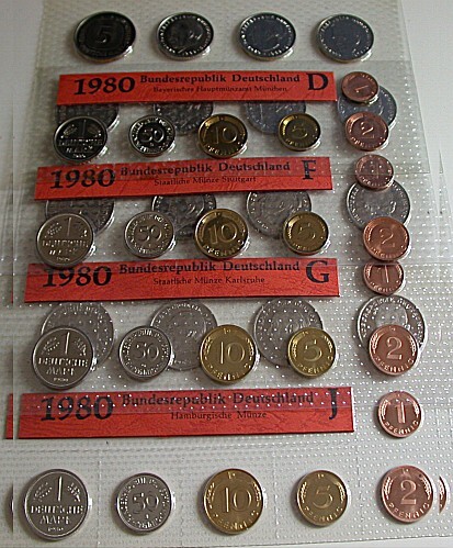 4 x 1 Pfennig - 5 Deutsche Mark, 12,68 DM 1980 Stempelglanz