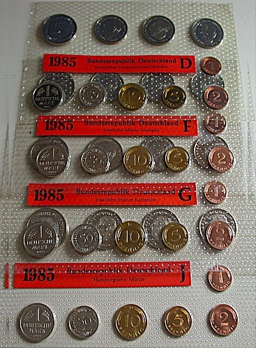 4 x 1 Pfennig - 5 Deutsche Mark, 12,68 DM 1985 Stempelglanz