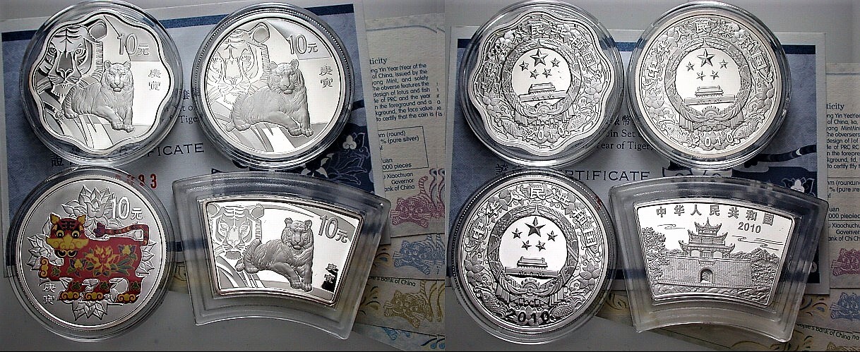 4 x 10 Yuan 2010 Polierte Platte, mit Zertifikat, ohne Etui